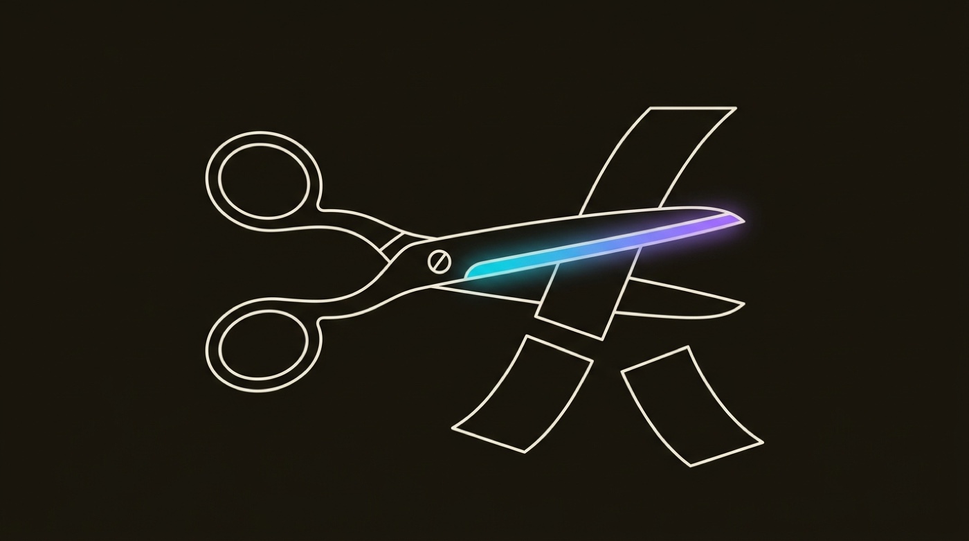 Line-engraving of a pair of shears completing one clean cut, the ribbon parting into two halves along a single gradient edge: two approaches, one result.