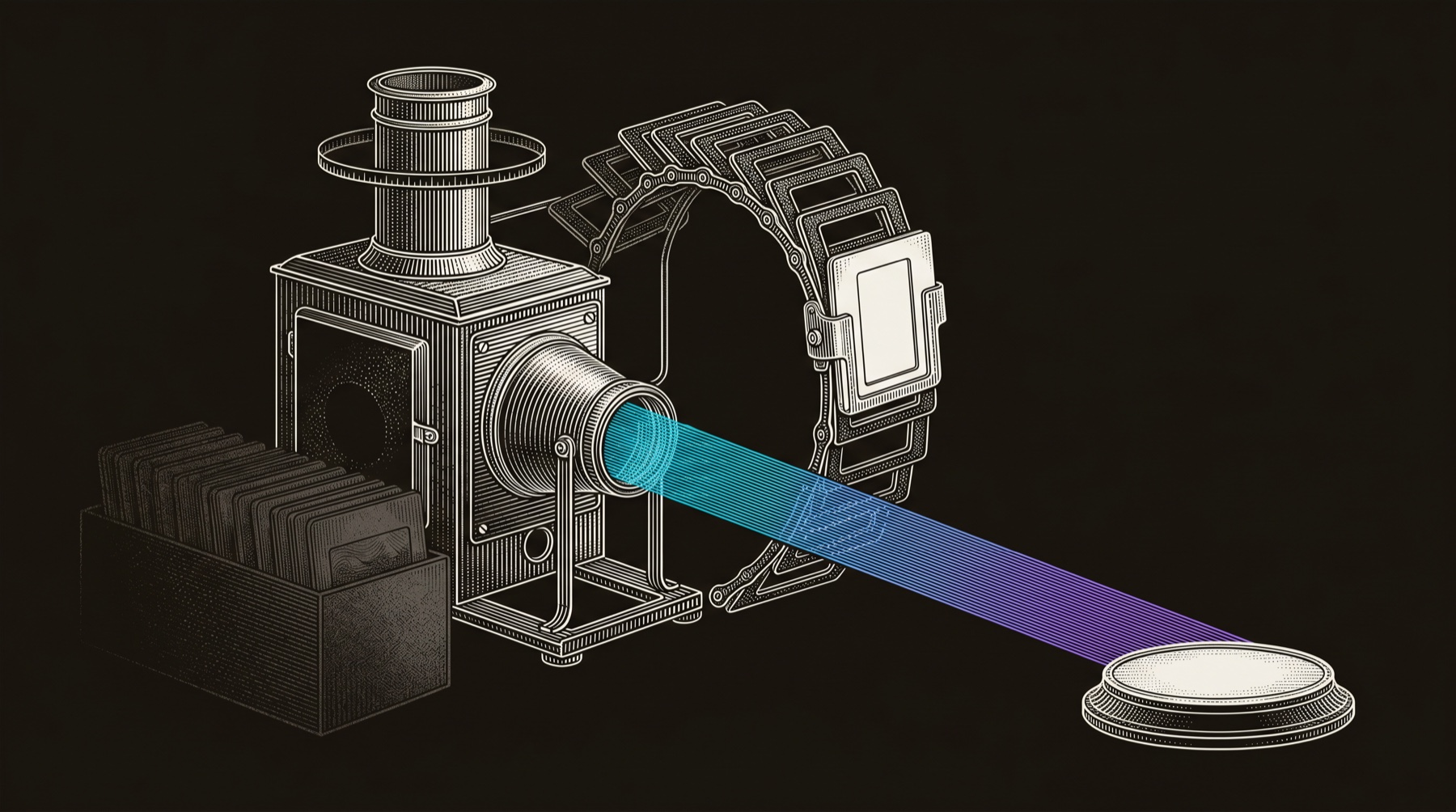 Line-engraving of the magic-lantern lightbox after the campaign, with selected blank Story slides clipped into a highlight reel and one gradient beam landing on a clean outcome marker.