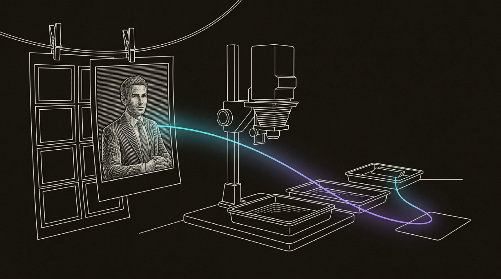 Line-engraving of a photo darkroom drying line with one finished account print connected by a cyan-to-violet path to a campaign tray: the developed signal leaves the room as execution.
