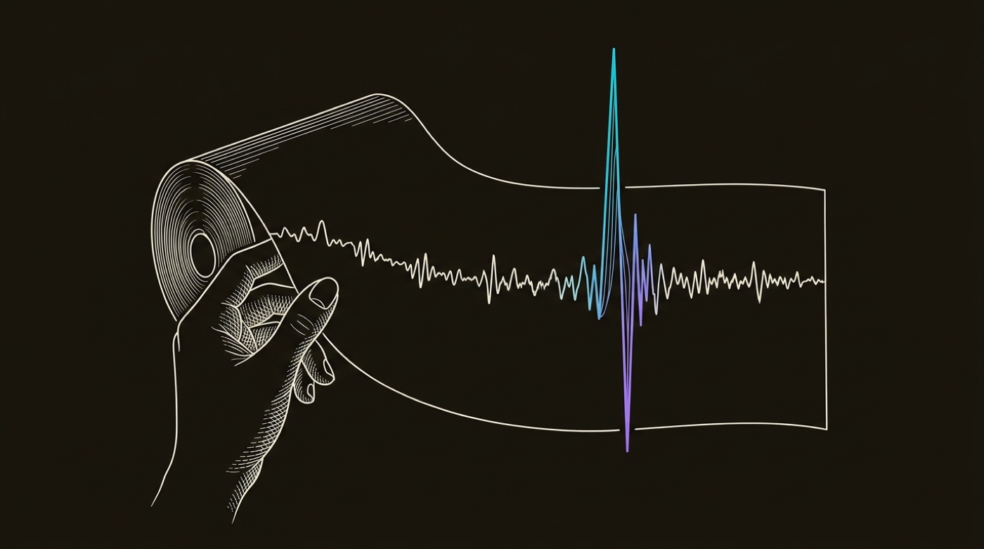 Line-engraving of a hand drawing the seismograph scroll off the drum, one clean gradient spike standing out of the flat trace: the buying window, caught.