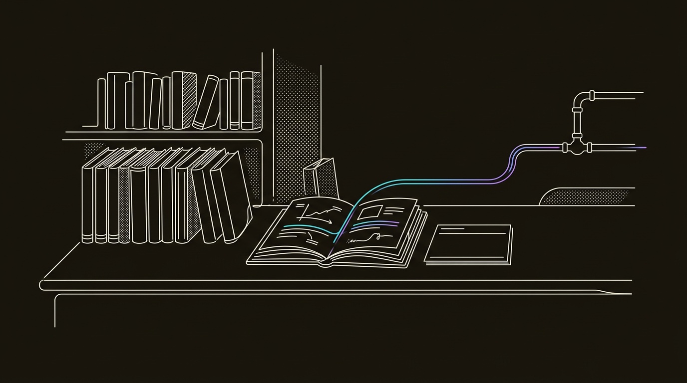 Line-engraving of the same library desk after the reading is done: the books are shelved, one annotated playbook is open, and a cyan-to-violet route runs from the page toward a clean pipeline path.