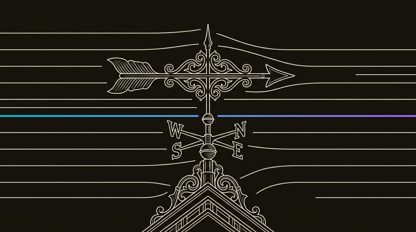 Line-engraving of the weathervane settled firm, its arrow pointing one clear direction as the gradient wind steadies into parallel lines: the trend called, the bet placed.