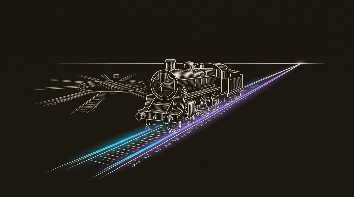 Line-engraving of the locomotive that has left the turntable, now running forward on one gradient-lit track toward the horizon: the routed lead, committed and converting.