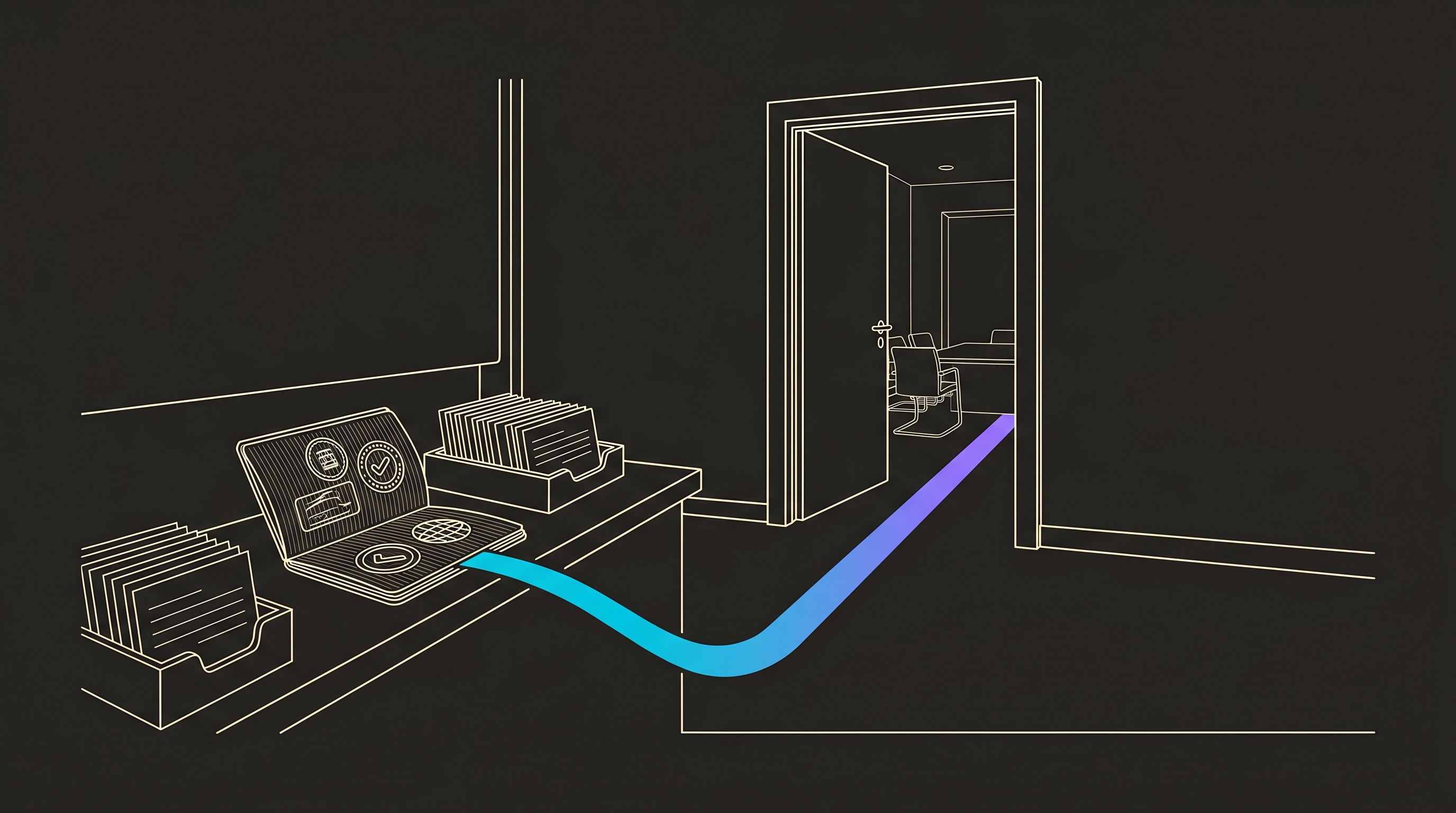 Line-engraving of the passport-control desk after qualification, one approved opportunity passport following a cyan-to-violet path through an open doorway into a quiet negotiation room.