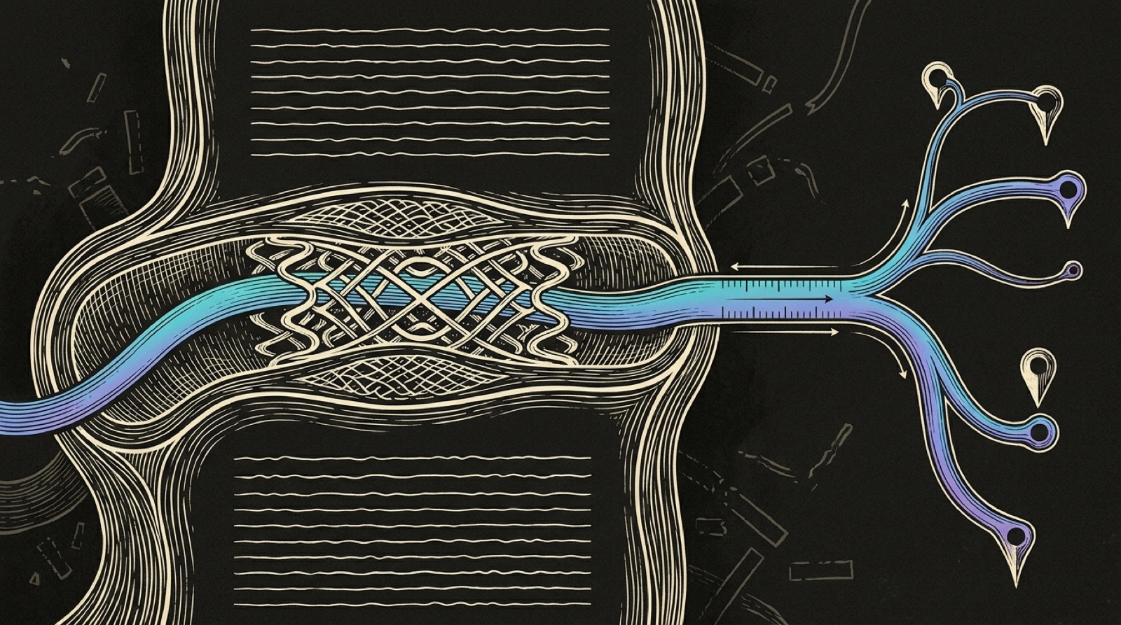 Line-engraving of a seated vascular stent inside an existing article, with clean cyan-to-violet authority flow branching toward organic search outcomes.