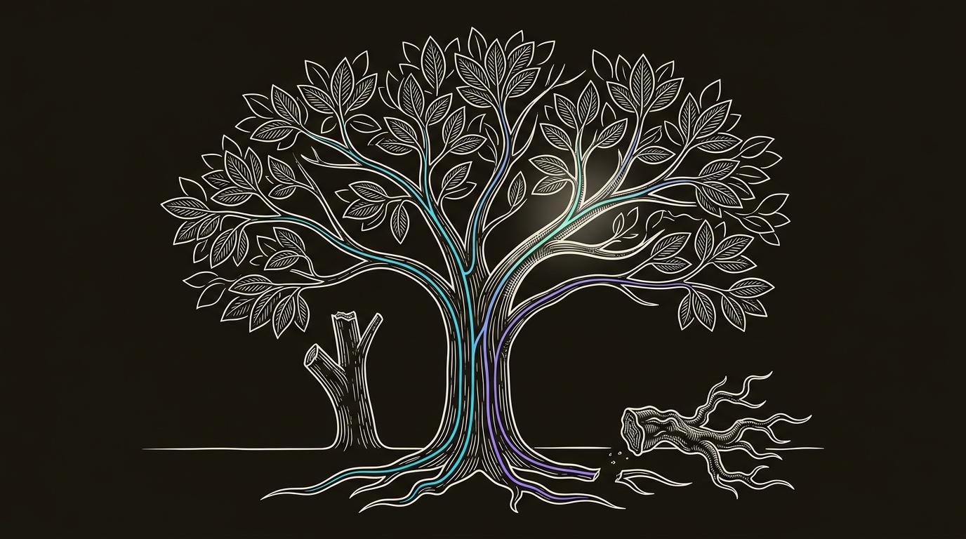 Line-engraving of a healthy website tree after pruning, with one seated graft feeding a cyan-to-violet sap current while broken branches and bad roots sit aside.