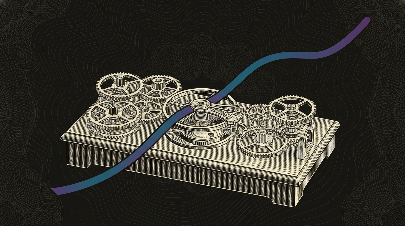 Line-engraving of the watchmaker's pricing regulator after calibration, four gear trains locked into one steady revenue chronometer with a cyan-to-violet timing band leaving the bench.