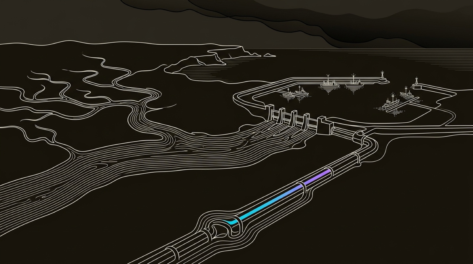 Line-engraving of a surveyed estuary where narrow search channels join a lit pipeline harbor route.
