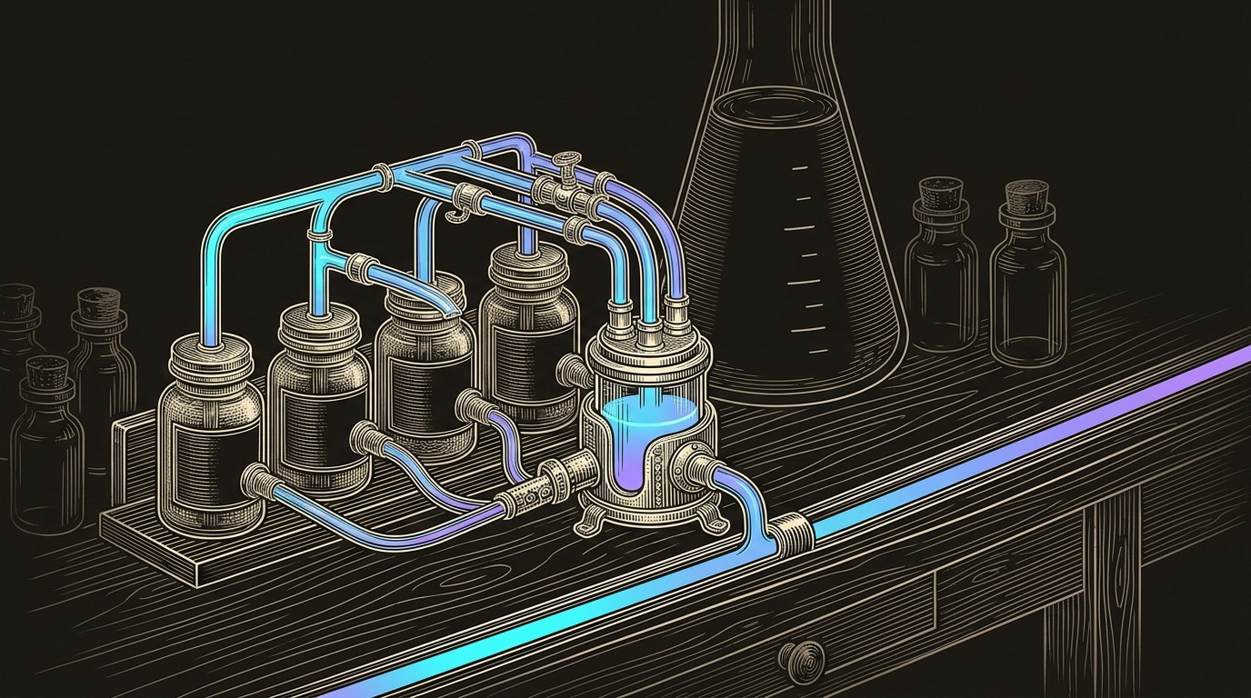 Line-engraving of the apothecary formulary after consolidation, with three to five integrated reagent jars feeding one AI-native execution vessel and a clean gradient pipeline leaving the bench.