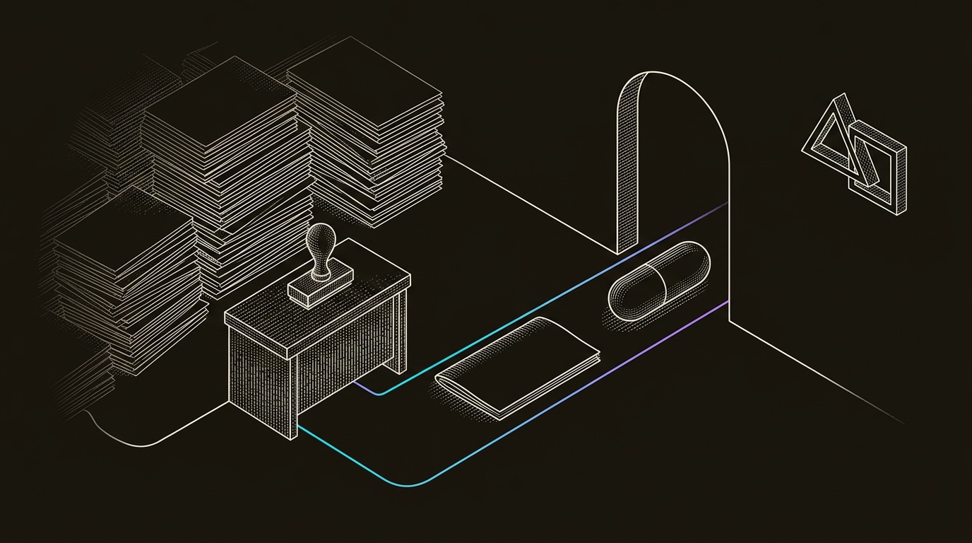 Line-engraving of the consent clearance office after approval, with a blank booklet and voice-call capsule following one gradient path through an open arch toward an abstract meeting marker.