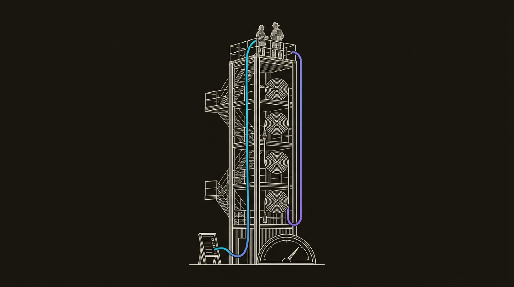 Line-engraving of the drill tower after the route is complete, with the training line returning through coiled hose stations into a readiness gauge: the SDR ramp measured, coached, and ready for live outreach.