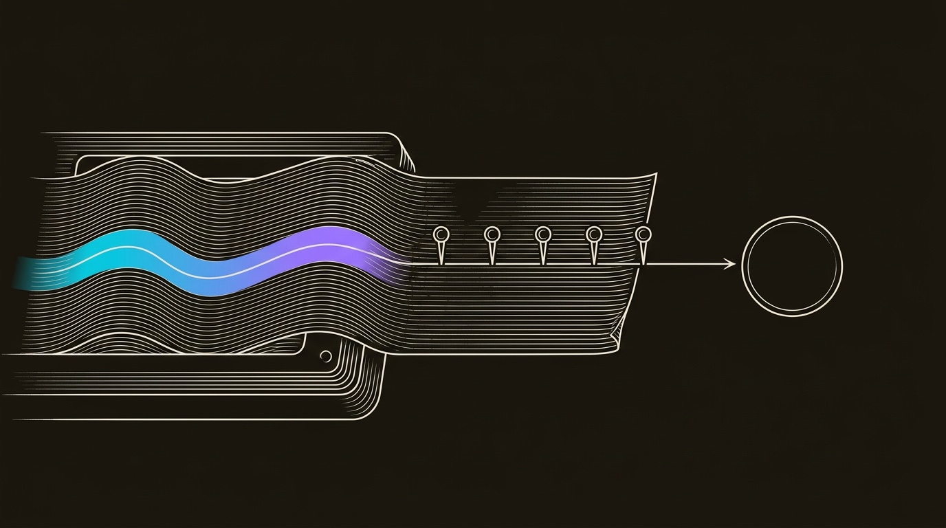 Line-engraving of the strip-chart trace after measurement, five clean KPI pins aligned before one path leaves toward a booked-meeting marker.