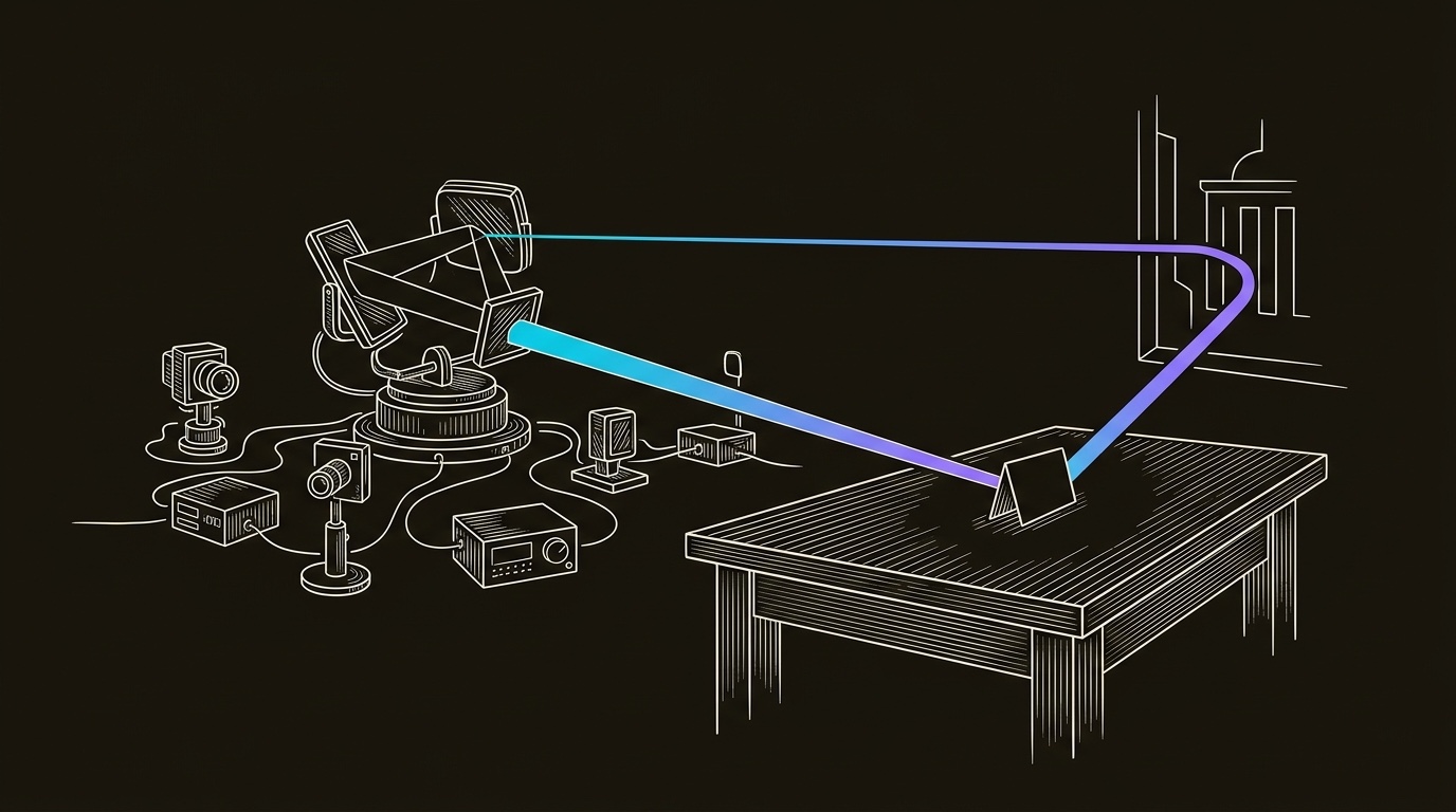 Line-engraving of the signal-mirror station after execution, one cyan-to-violet beam returning from a named account window to a blank meeting marker on the table: the outbound strategy landing a qualified conversation.