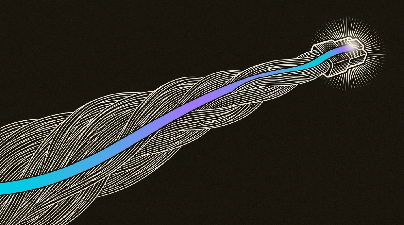 Line-engraving of the many braided strands pulled taut into one cable, plugged into a single glowing terminal: the connection made, the meeting booked.