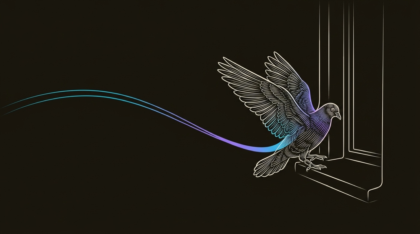 Line-engraving of the homing pigeon alighting at a distant loft window, the gradient flight path completing behind it: the outbound message reached its named destination and landed.