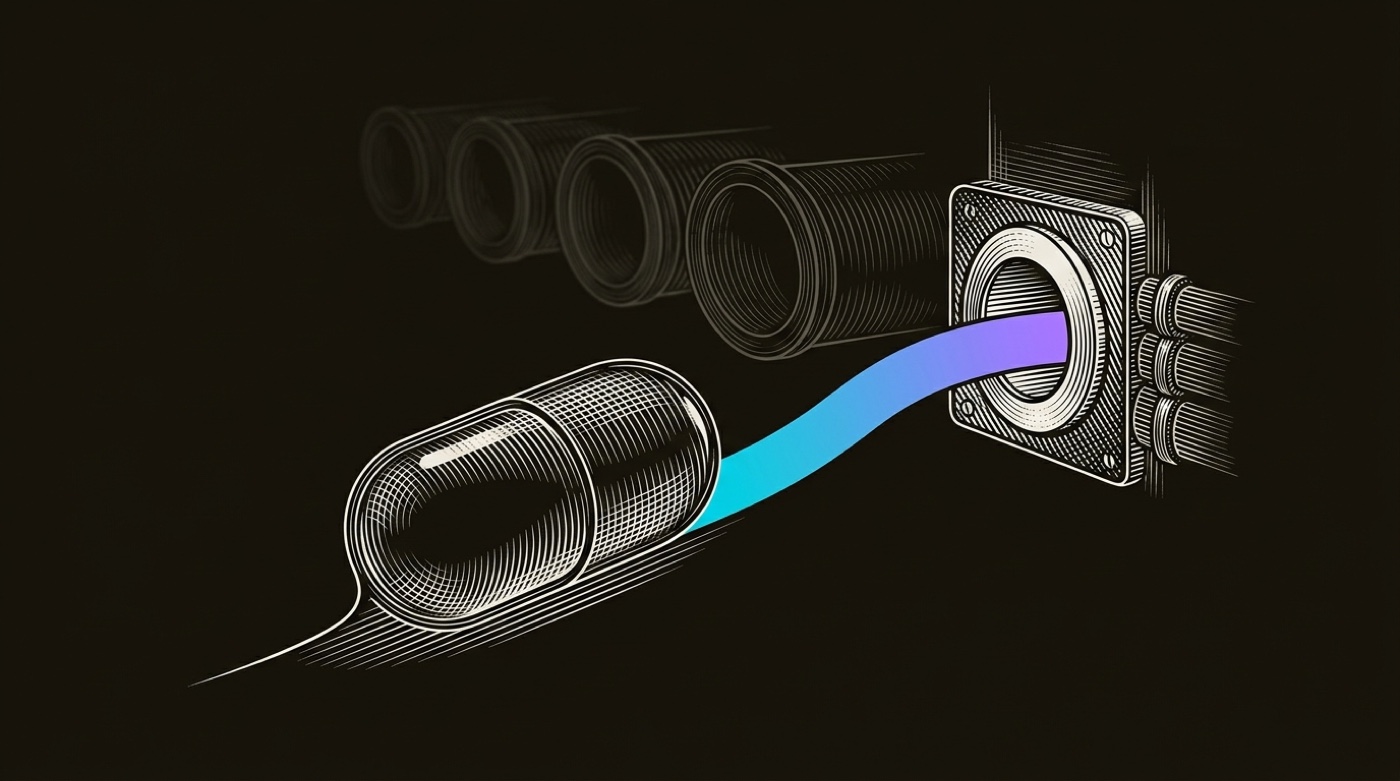 Line-engraving of the glass carrier capsule seated into a single lit brass destination slot, a gradient thread running through it, the empty tube openings faint behind. The bid won, the one ad routed to the one right impression.