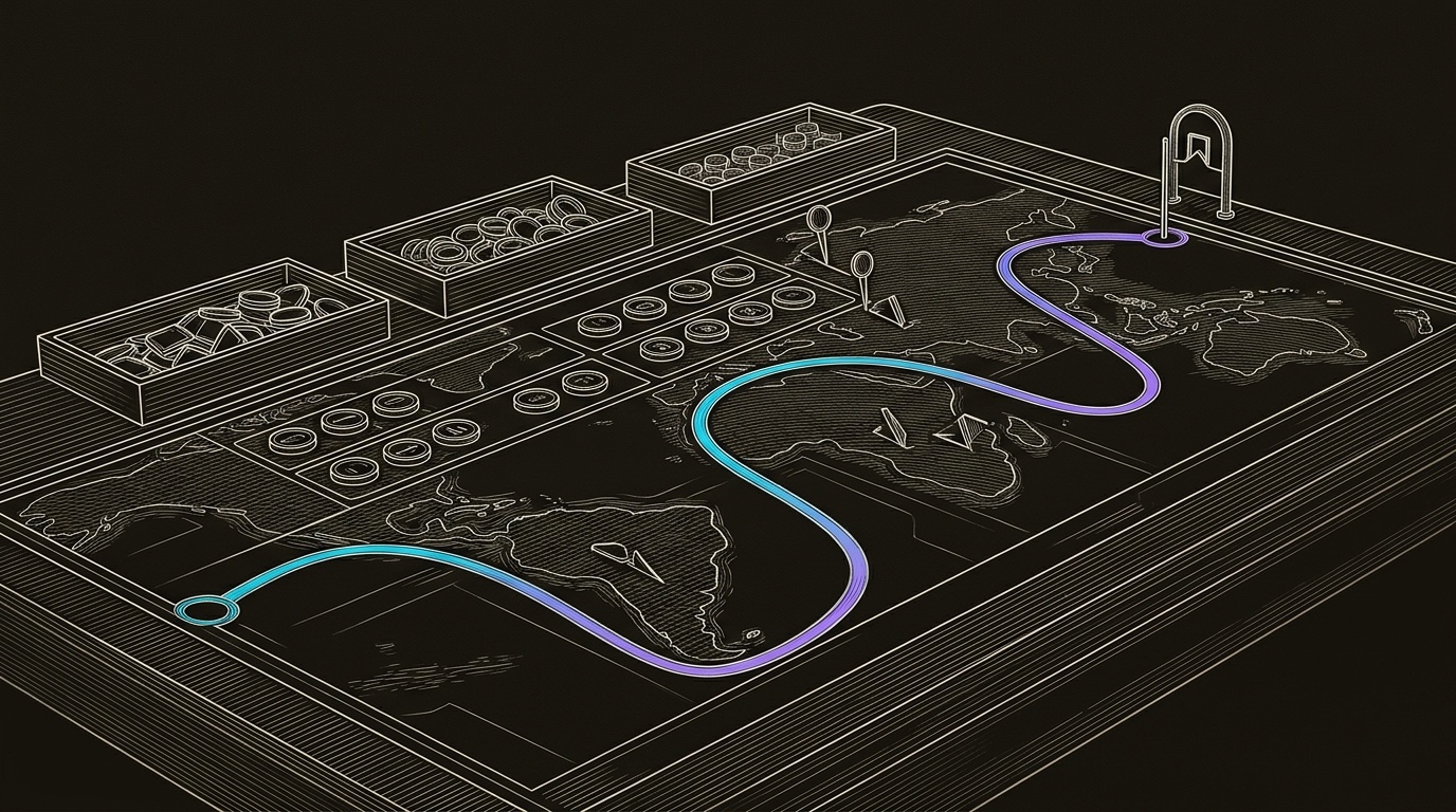 Line-engraving of the project war room map table after execution, with task tokens aligned, resource trays balanced, risk pins lowered, and one completed cyan-to-violet route reaching the outcome marker.