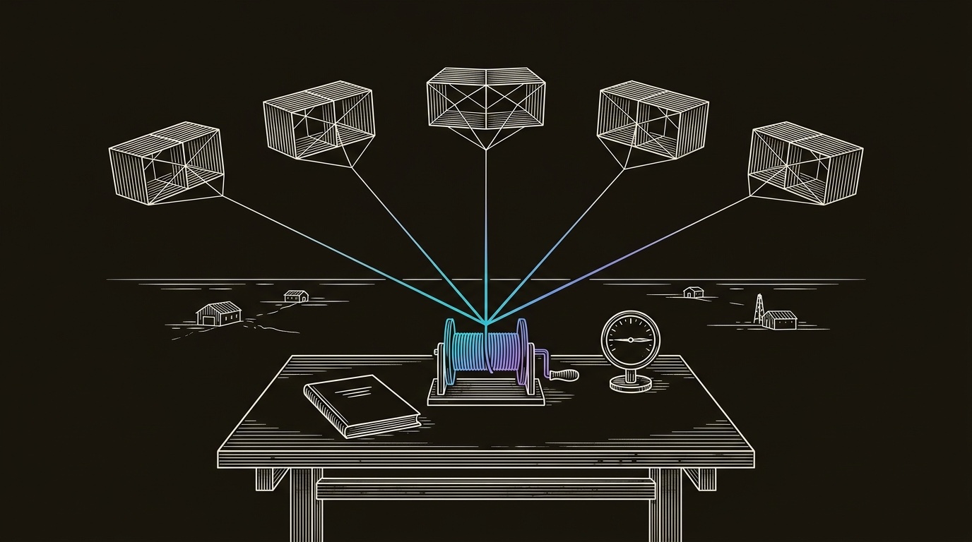 Line-engraving of five box kites held in stable formation from one locked reel on a drafting table: the remote sales team operating on clear goals, feedback loops, metrics, training, and culture.