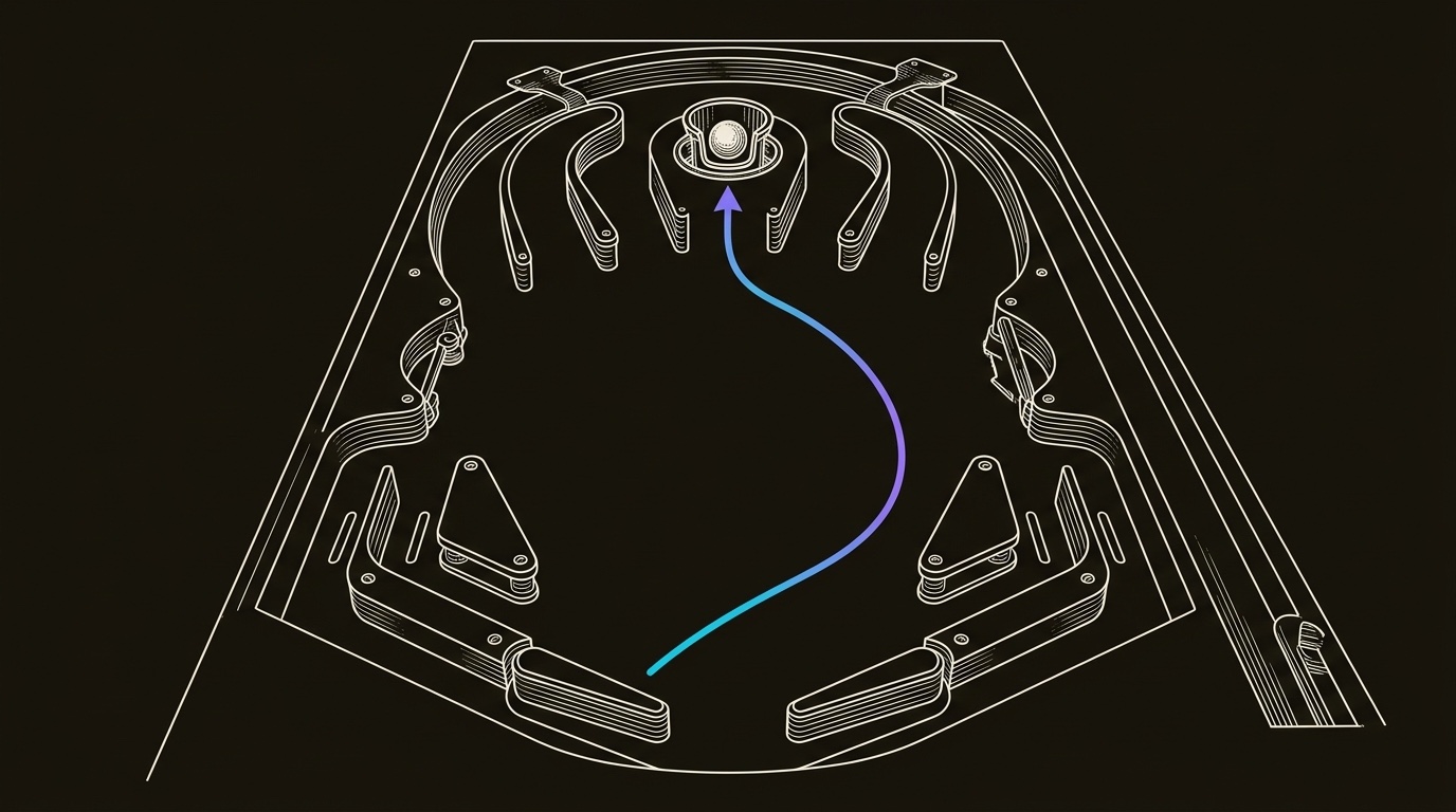Line-engraving of the vintage pinball playfield after both flippers have done their job, with the buyer-signal ball seated in the conversion cup and the final gradient lane quiet behind it.
