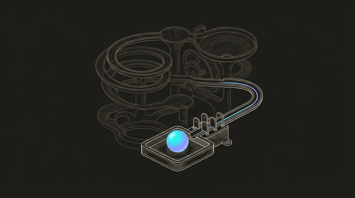 Line-engraving of the same antique glass marble-run machine after the run is calibrated, with one cyan-to-violet marble resting in the qualified pipeline catch tray.