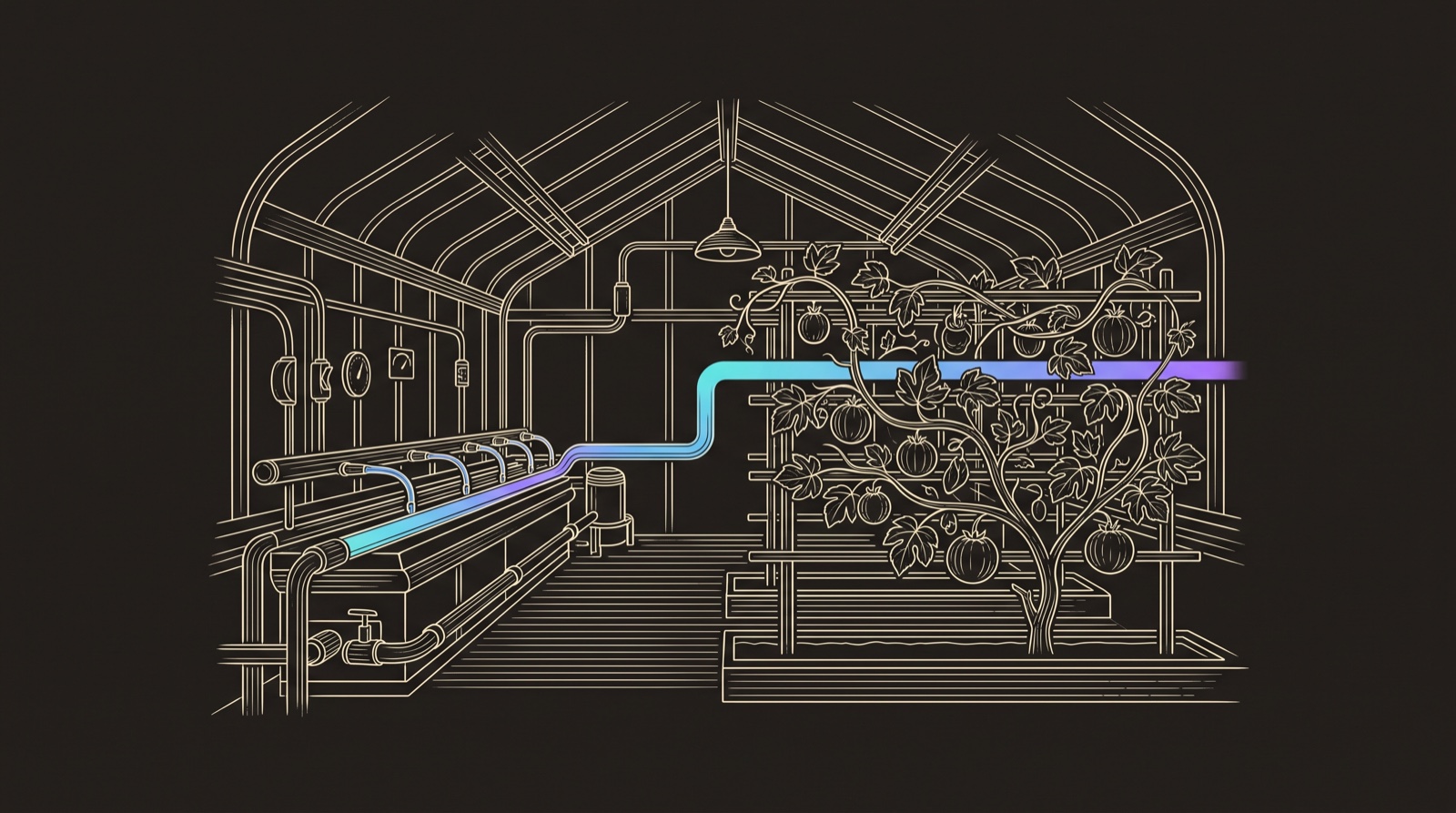 Line-engraving of the same night conservatory after the system is tuned, seven irrigation lines balanced and one mature recurring revenue vine crossing a renewal trellis.