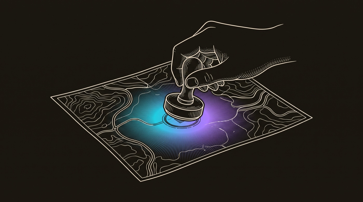 Line-engraving of a hand pressing a stamp onto the map, gradient ink spreading from the one chosen stop: the room where the deal started, marked.