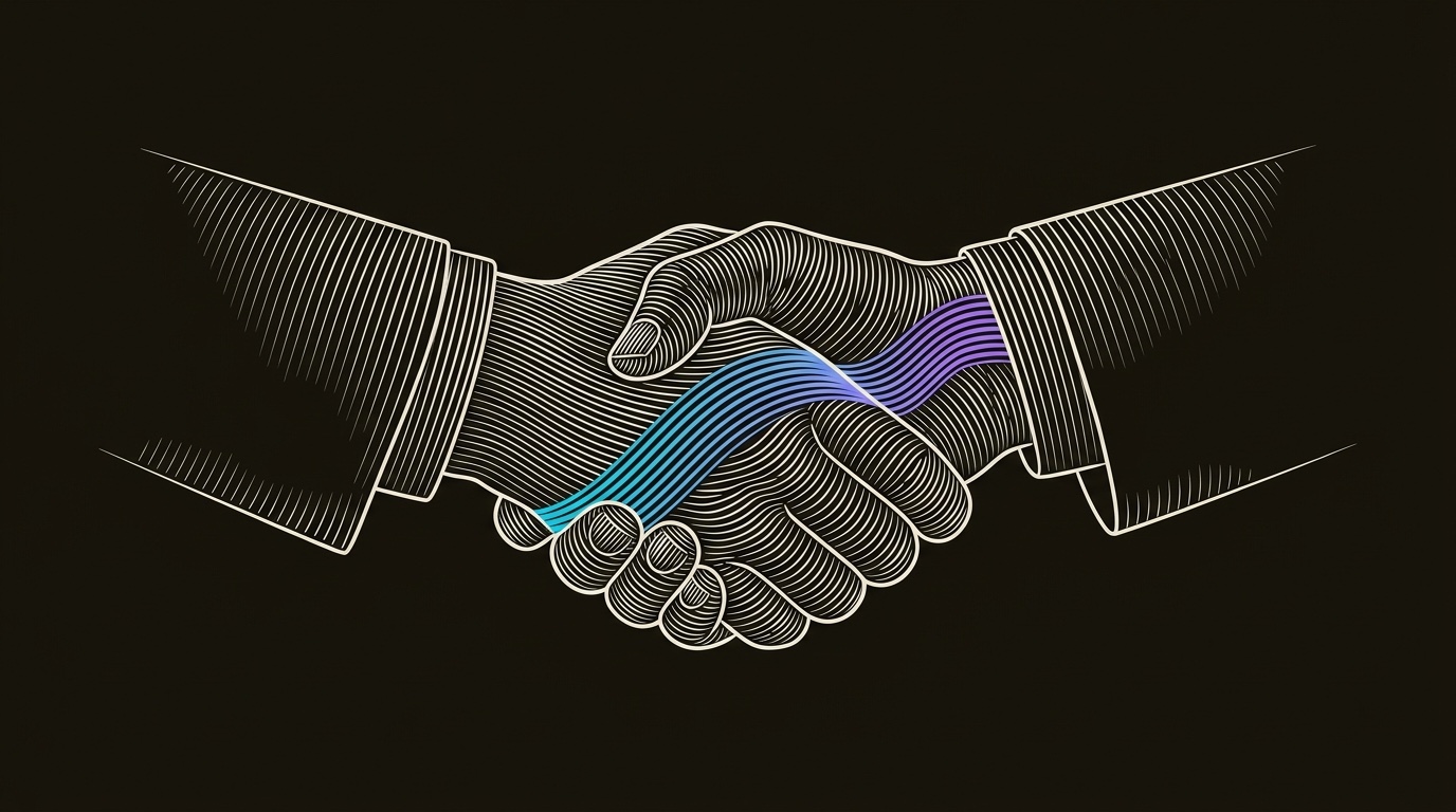 Line-engraving of two hands meeting in a firm handshake, a single gradient band flowing through the clasp: the conversation that lands, the connection made.