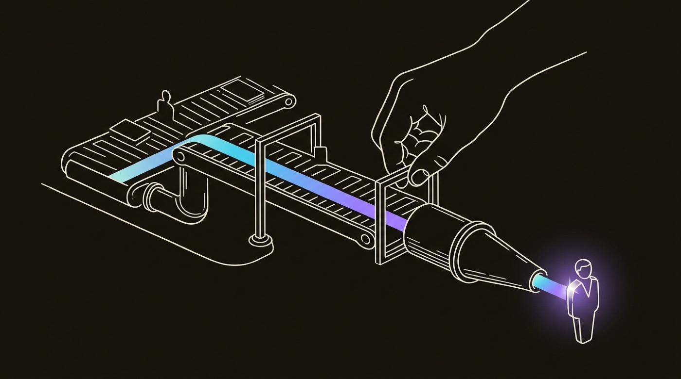 Line-engraving of a hand seating the final gate of a conveyor pipeline, one finished qualified lead emerging complete at the spout, a gradient signal running through it.