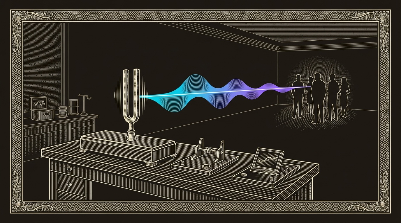 Line-engraving of the resonance lab after calibration, with a clean cyan-to-violet waveform from a tuning fork reaching buyers across the room.