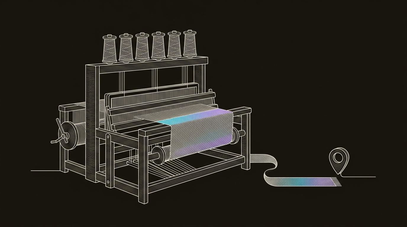 Line-engraving of the completed loom with six metric threads woven into one finished pipeline band leaving toward a booked-meeting marker.