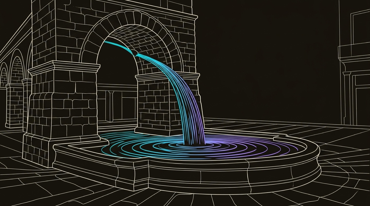 Line-engraving of the aqueduct arch pouring one gradient stream of water into a city fountain, ripples spreading out: the pipeline delivering revenue at the end of its run.