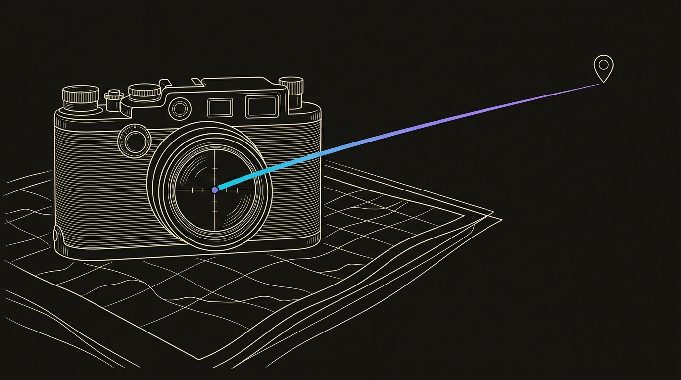 Line-engraving of a vintage rangefinder after calibration, sending one cyan-to-violet route from the locked coordinate toward a meeting marker.
