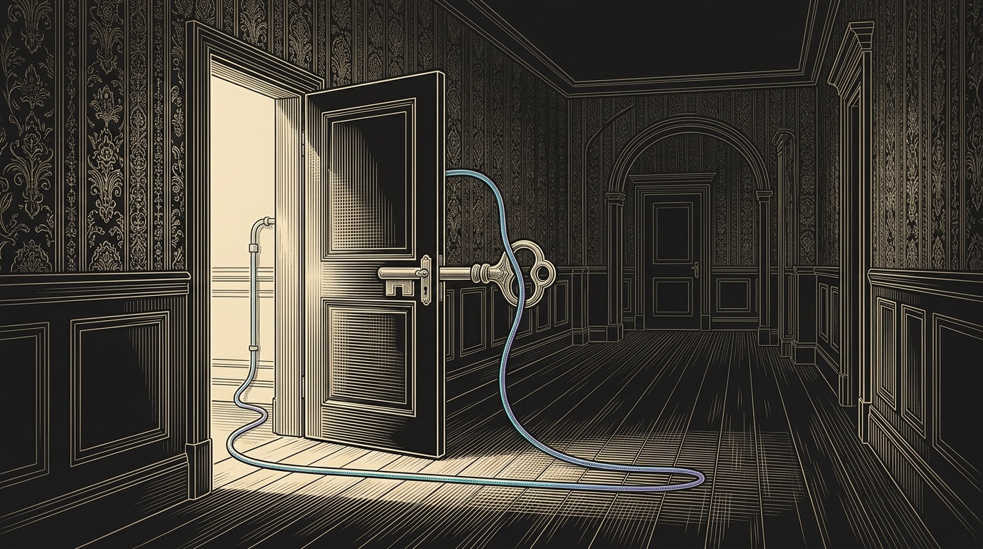 Line-engraving of an antique hotel corridor where a selected brass key opens the correct suite door and one cyan-to-violet cord continues through the doorway toward pipeline.