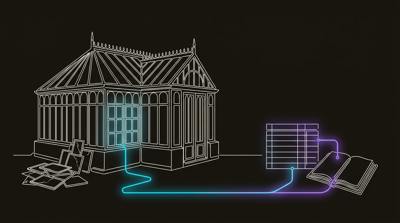 Line-engraving of the conservatory after SEO outreach is complete, with selected publisher panes seated and one cyan-to-violet light circuit returning to a ranking table.