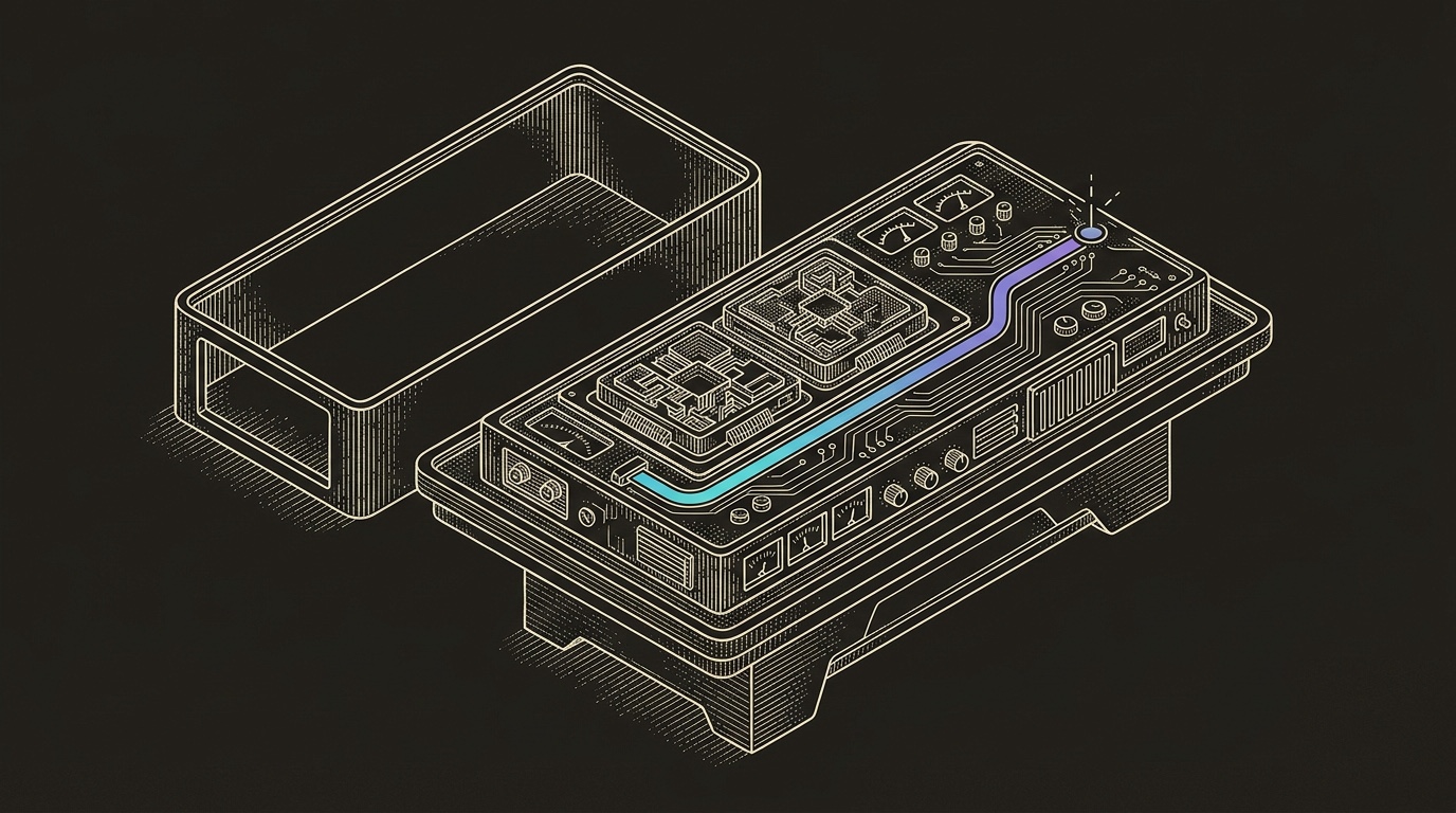 Line-engraving of an empty services casing beside two software modules fully seated in a graph8-style GTM chassis, with one cyan-to-violet signal path leaving toward a lit meeting marker.