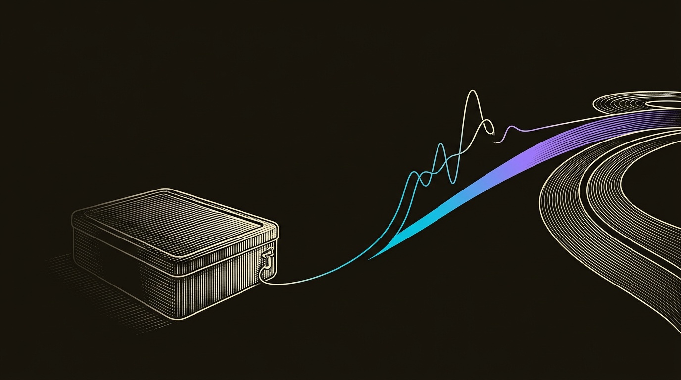 Line-engraving of the old sealed specimen tray set aside while one live current record leaves the field console on a clean cyan-to-violet route toward sales and marketing work lanes.