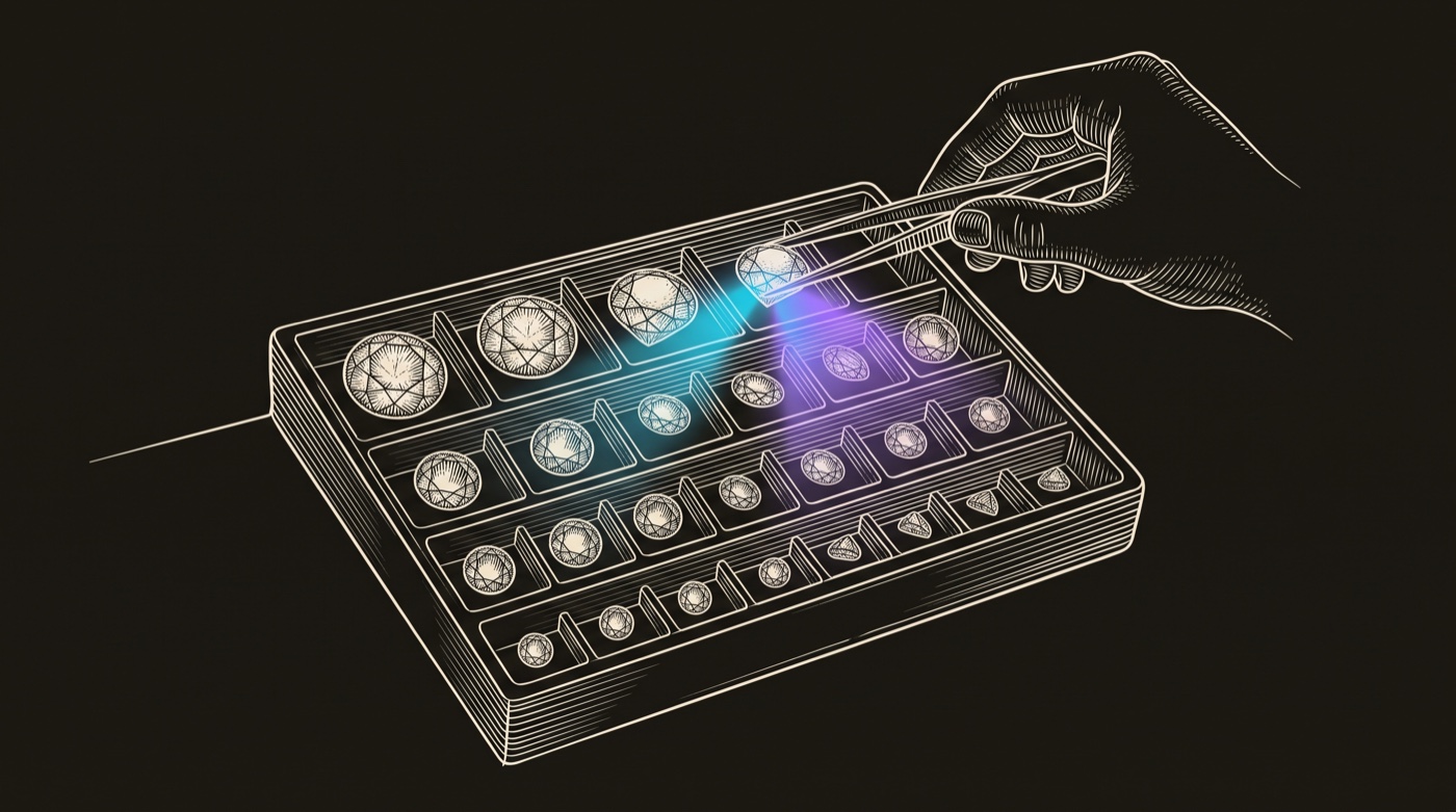 Line-engraving of a hand seating the final top-tier gem into a fully sorted tiered tray, the brand gradient radiating from the seated stone: the target account list, built and tiered.