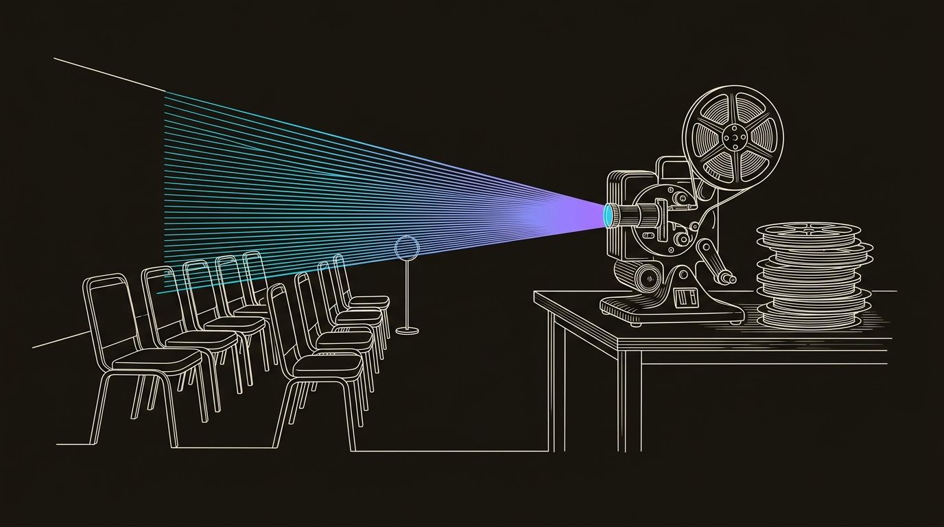 Line-engraving of the final testimonial projection reaching a row of buying committee chairs while organized client reels wait beside the projector.