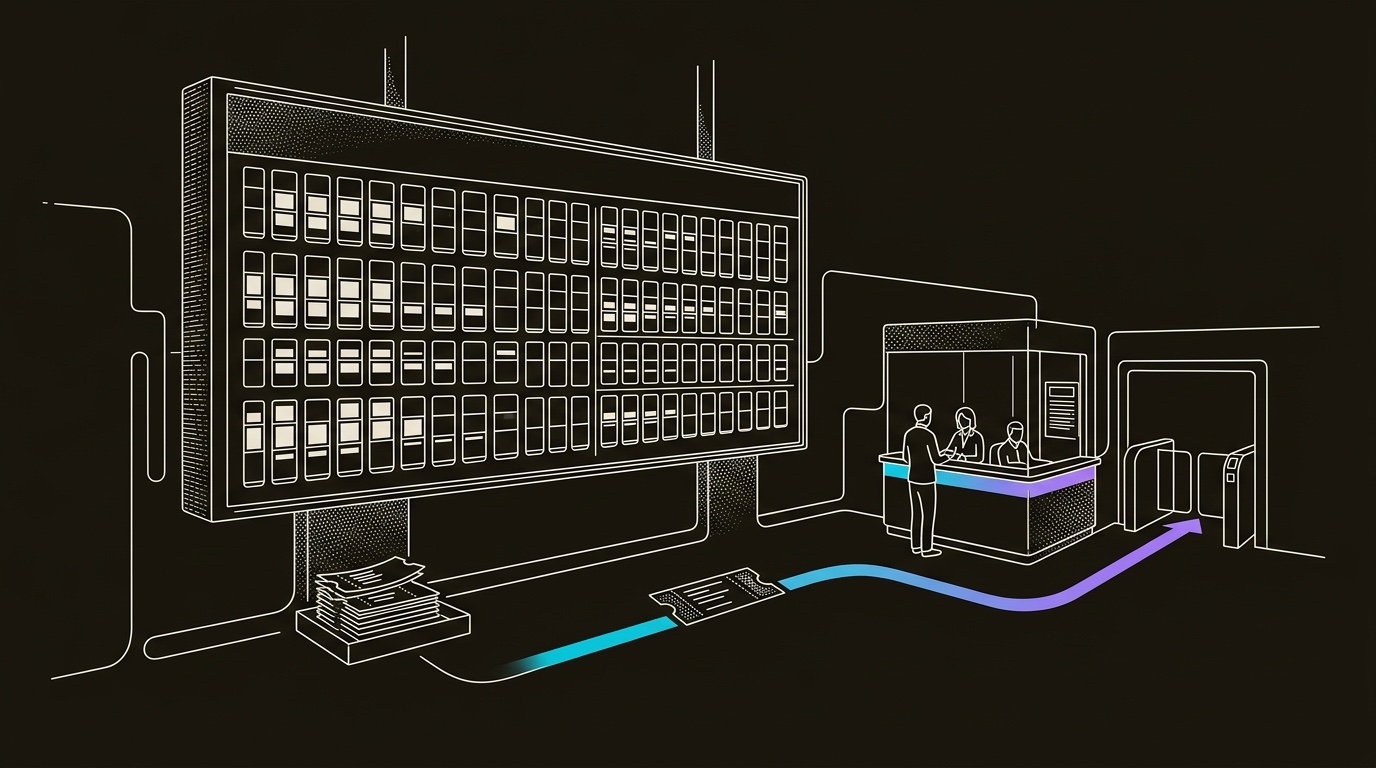 Line-engraving of a split-flap departures hall after data cleanup, with stale CRM tickets stacked aside and one verified ticket traveling on a cyan-to-violet route through the validation desk toward outbound execution.