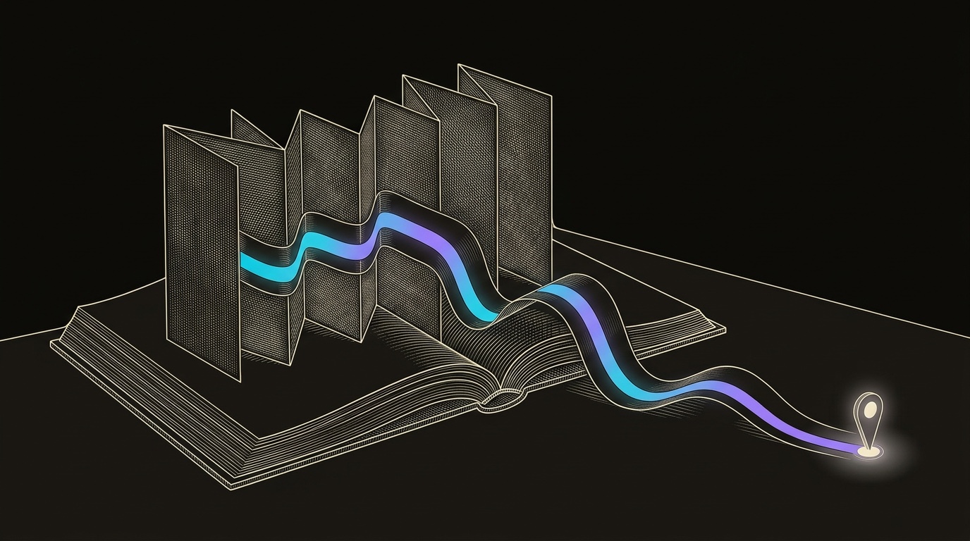 Cream line-engraving of a paper-engineered systems book fully opened, its folded panels connected by a cyan-to-violet route into a qualified meeting marker.