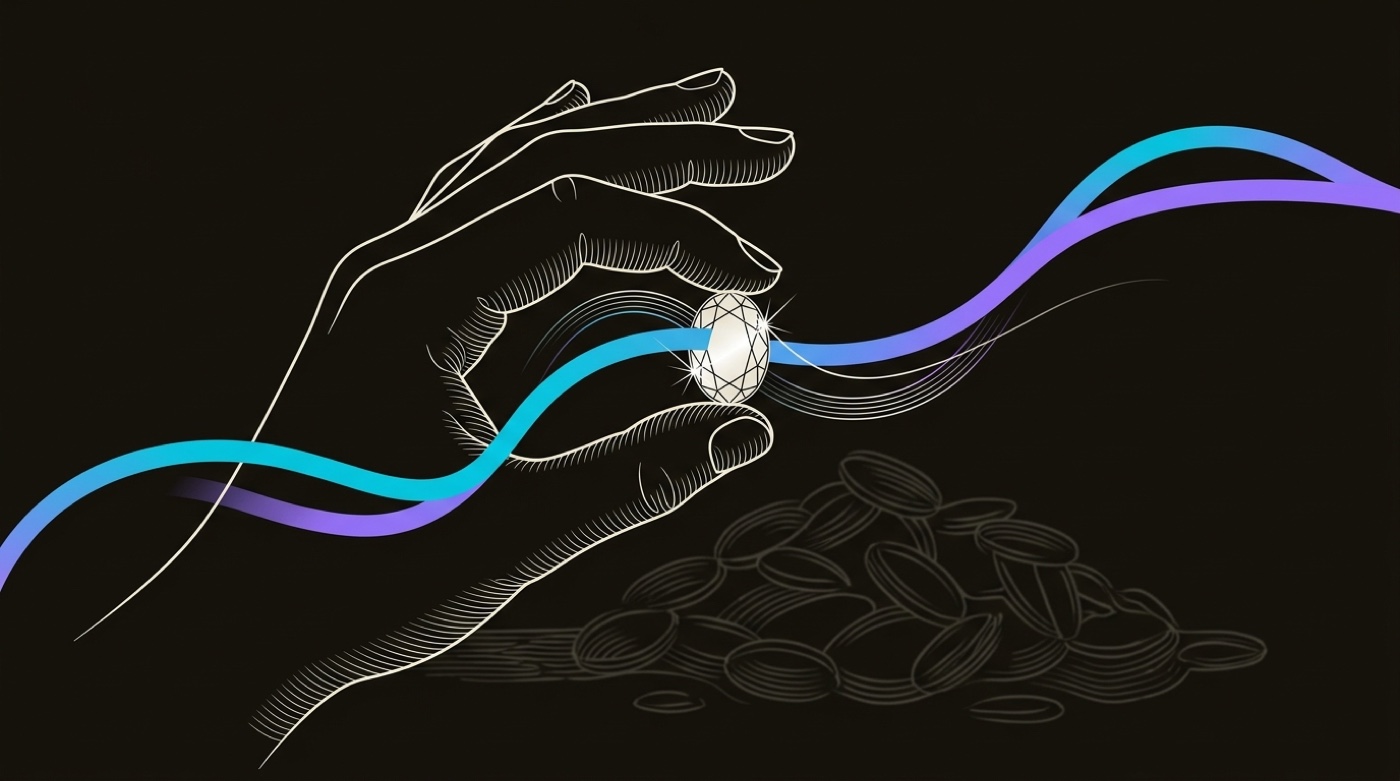Line-engraving of a hand holding up the one bright, faceted verified record, a gradient signal thread running through it, the discarded pile faint below.