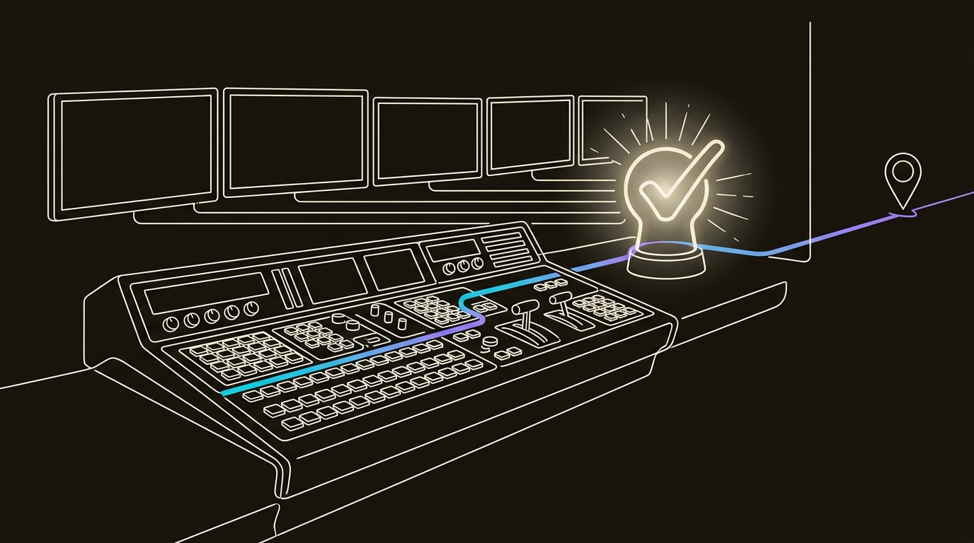 Line-engraving of the same broadcast control surface after the feeds are routed, one approved lead beacon sending a cyan-to-violet line toward a meeting marker.