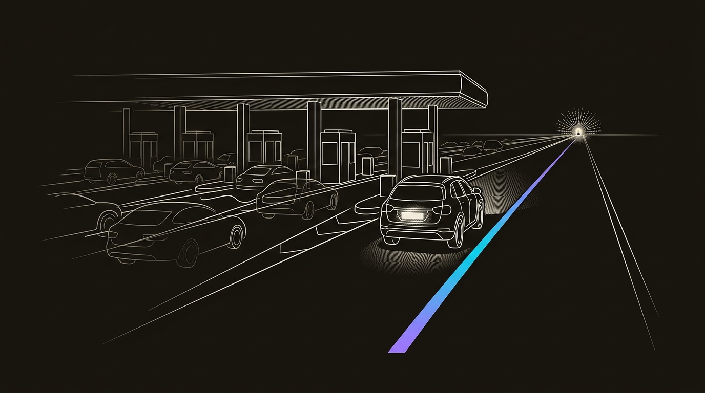 Line-engraving of the same nocturnal toll plaza after identification, with one account vehicle leaving anonymous traffic behind on a clean cyan-to-violet road toward a sales dispatch light.
