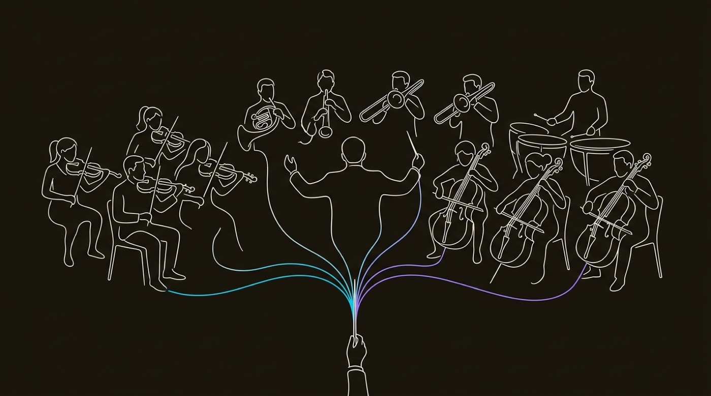 Line-engraving of the final downbeat: the baton lowered, one gradient chord-line fanning from its tip to every resolved instrument section at once, the whole ensemble landing in tune.