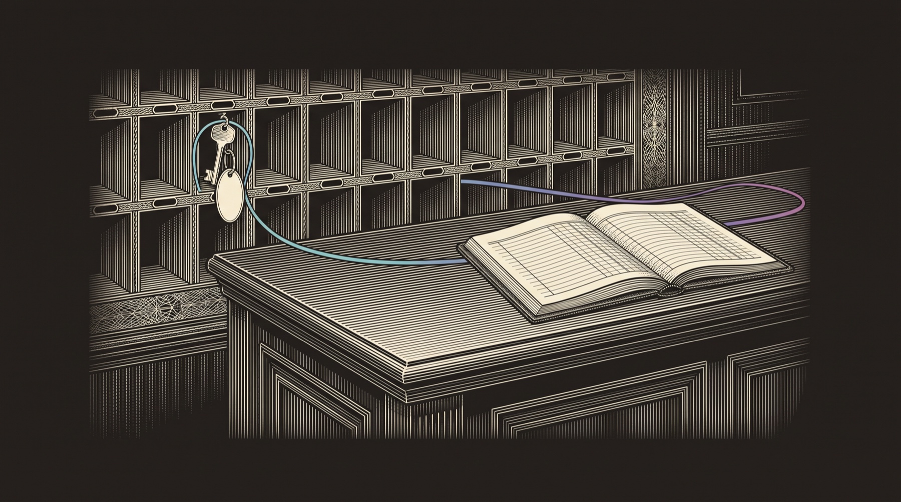 Line-engraving of a vintage hotel front desk with loose inquiry cards entered into one clean guest ledger and a confirmed customer key resting in the correct room slot.