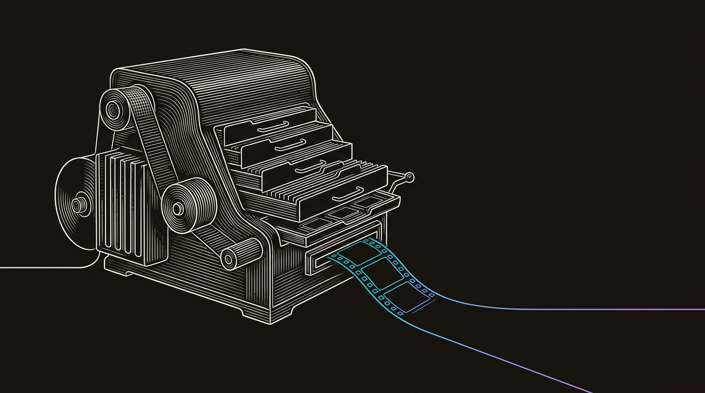 Line-engraving of the video search indexer after optimization, with drawers closed, playlist rack aligned, and one blank filmstrip leaving on a cyan-to-violet ranked-result path.