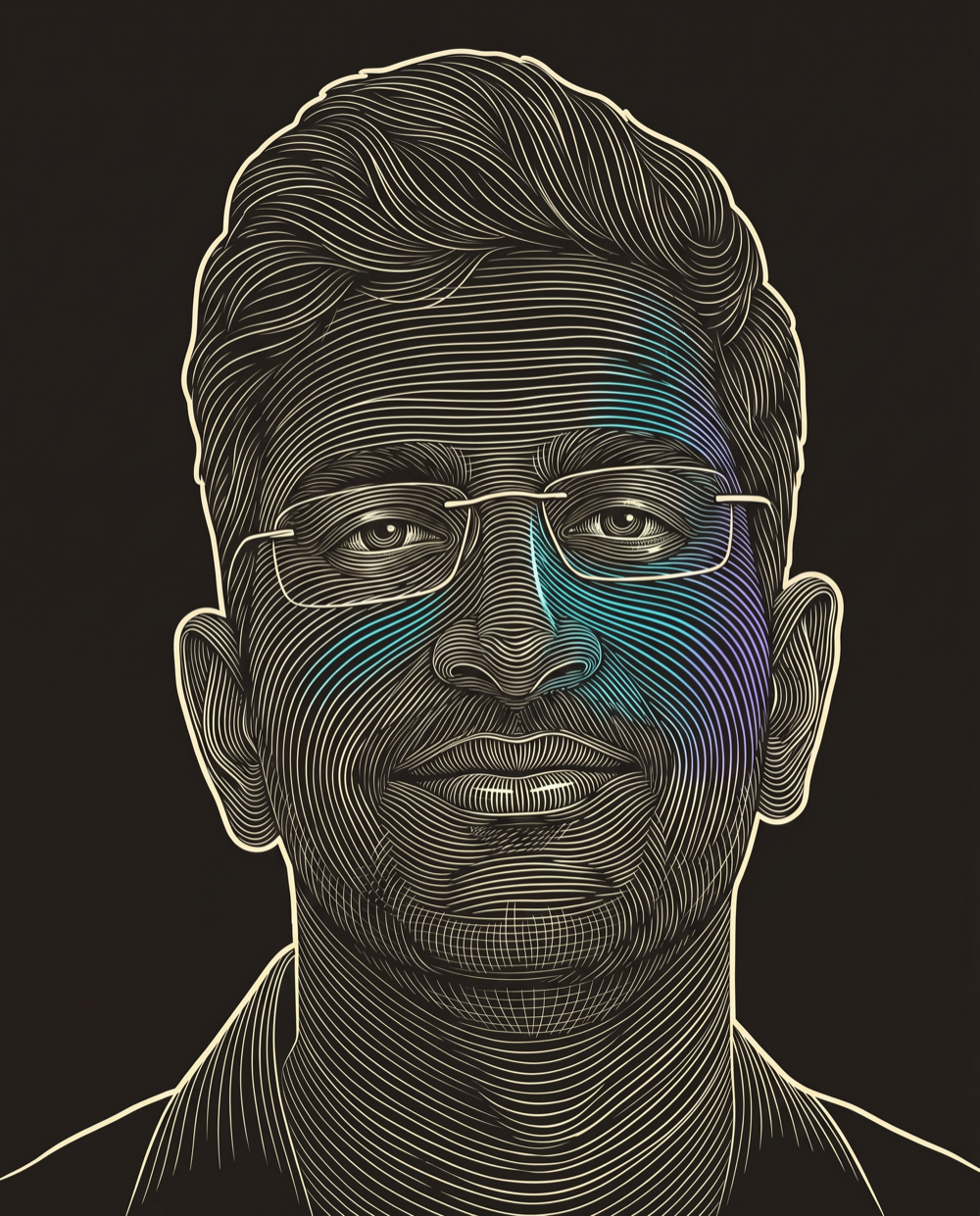 Cream line-engraving portrait of Kalyan Varma, Co-Founder & CEO at Almabase.