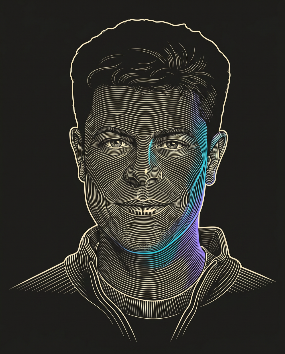 Cream line-engraving portrait of Danny Freed, Founder and CEO at Generates Leads and Conducts Outbound Marketing For Blueprint.
