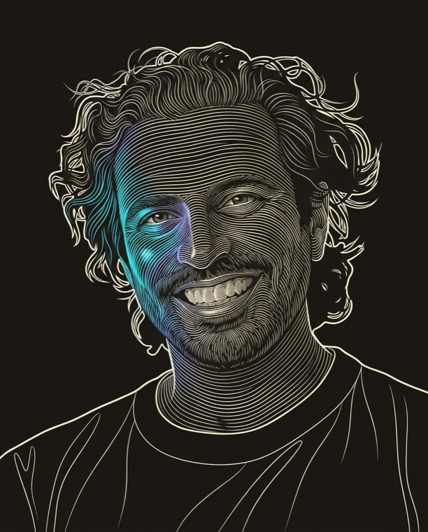 Cream line-engraving portrait of Daniel Conn, Co-Founder at graph8 and GTM Strategist.