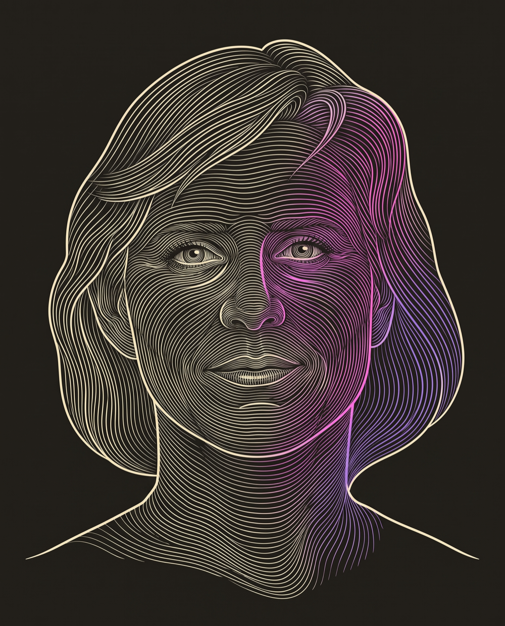 Cream line-engraving portrait of Malgorzata Stys, CEO and Co-Founder at Generates Leads and Takes Dreyev to Market.